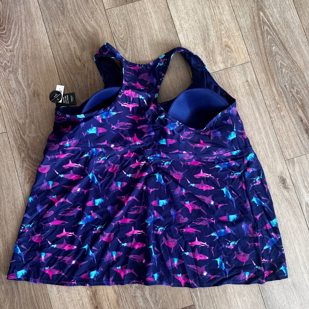Torrid Shark Print Tankini Swim Set Navy Blue Pink Purple Plus Size 6 NEW - Picture 5 of 11